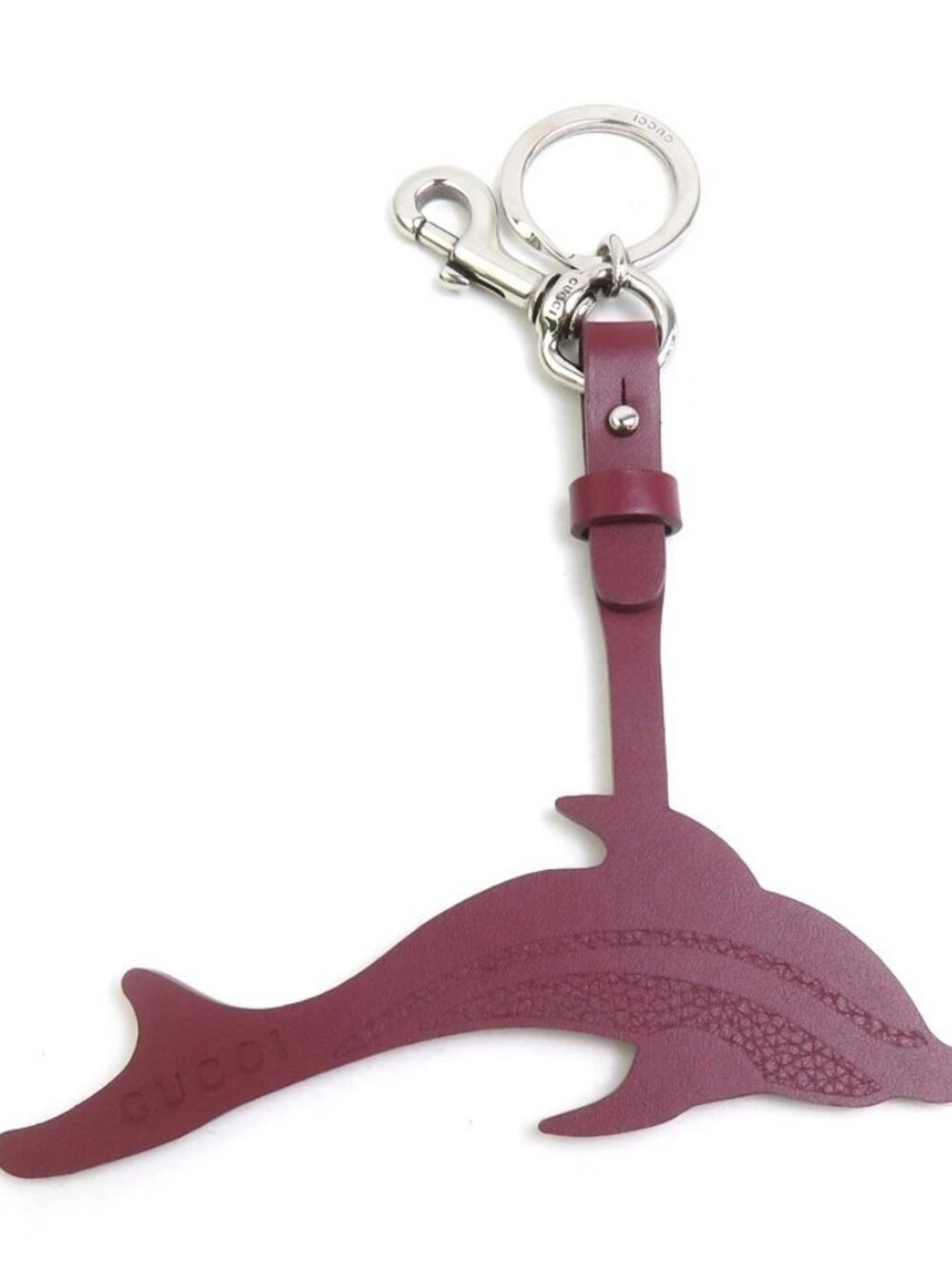 Auth GUCCI Dolphin Motif Charm Key Ring Burgundy/Silver Leather/Metal - e62248k